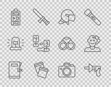 Polis karakolu dizini, megafon kaskı plastik torba, olay yeri fotoğraf makinesi ve cinayet ikonunun fermuarlı diktafon işaretleyicisi. Vektör.