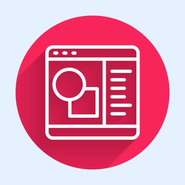 Beyaz çizgi 3D yazıcı simgesi uzun gölgeli izole edilmiş. 3D baskı. Kırmızı daire düğmesi. Vektör.