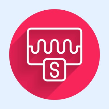 Beyaz çizgi müzik dalga eşitleyici ikonu uzun gölgeli izole edilmiş. Ses dalgası. Ses dijital dengeleyici teknolojisi, konsol paneli, nabız müzikali. Kırmızı daire düğmesi. Vektör.