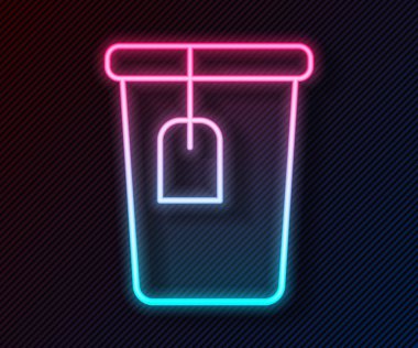 Siyah arka planda izole edilmiş çay poşeti ikonu olan parlak neon çizgi bardağı. Vektör.