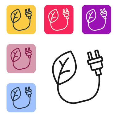 Beyaz arkaplanda siyah çizgi elektrik kaydedilen yaprak simgesi. Elektrik tasarrufu. Çevresel koruma. Biyolojik enerji. Renkli kare düğmelerle simgeleri ayarla. Vektör.