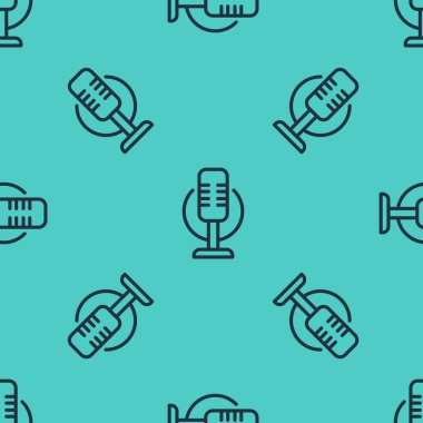 Siyah çizgi mikrofon simgesi yeşil arkaplanda pürüzsüz desen izole etti. Radyodaki mikrofondan. Sözcü işareti. Vektör.