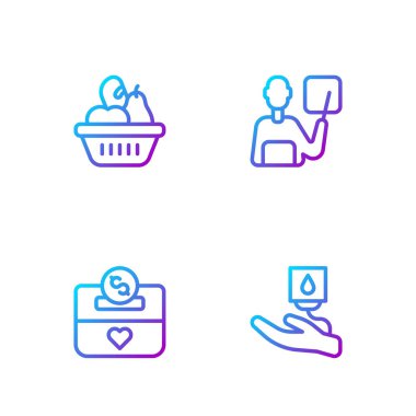 Kan bağışı, bağış ve hayır işi, yemek kutusu ve öğretmen. Renk simgeleri. Vektör.