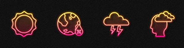 Storm Zon Waterdruppelpercentage Man Met Hoofdpijn Een Gloeiend Neon Icoon — Stockvector