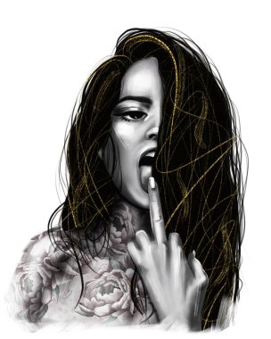 Young beautiful woman show middle finger fuck off. Hand drawn illustration.