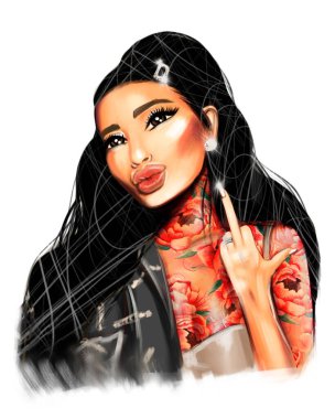 Young beautiful woman show middle finger fuck off. Hand drawn illustration.