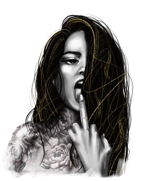 Young Beautiful Woman Show Middle Finger Fuck Hand Drawn Illustration — Stockfoto