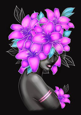 Kafasında güzel çiçekler olan siyah beyaz bir kız. El çizimi dijital illüstrasyon.