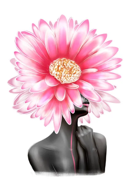 黑白相间的姑娘头顶着五彩斑斓的花朵 手绘数字图像 — 图库照片