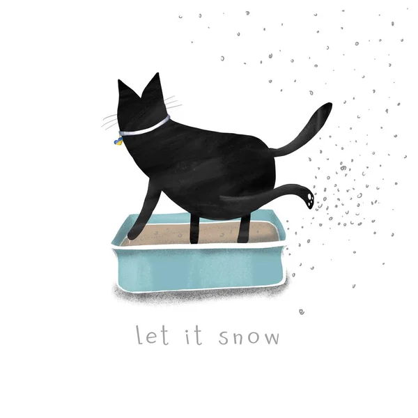 Cartoon black cat with cat litter box and the inscription \