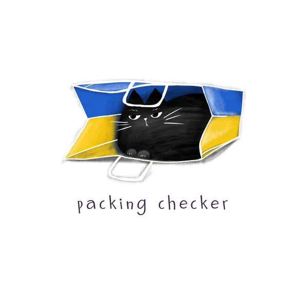 Dibujos Animados Gato Negro Paquete Inscripción Embalaje Checker Ilustración Dibujada — Foto de Stock