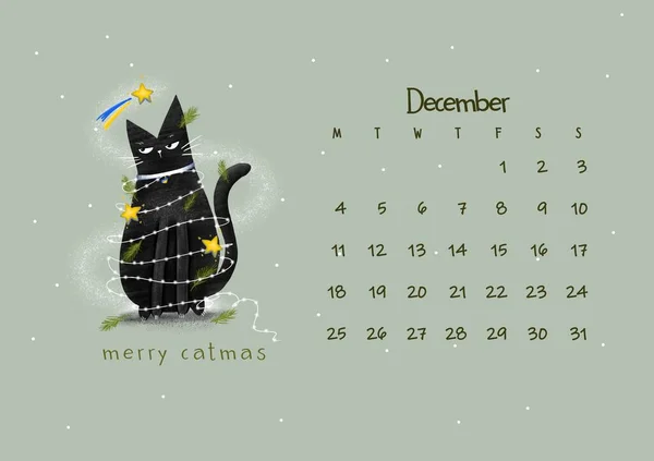 Cartoon black cat in New Year\'s garlands and the inscription \