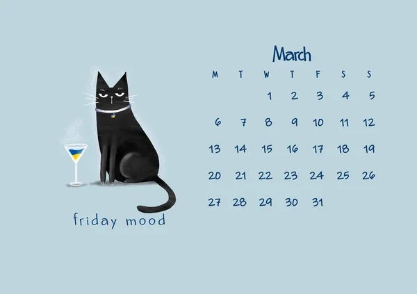 Kreslená Černá Kočka Sklenkou Ukrajinského Martini Nápisem Páteční Nálada Kalendář — Stock fotografie