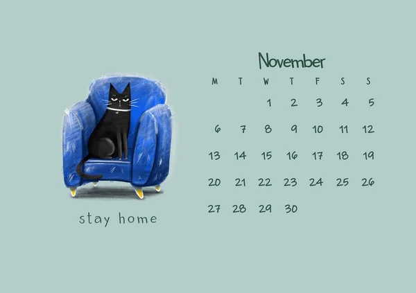 Cartoon Black Cat Blue Armchair Inscription Stay Home Calendar 2023 —  Fotos de Stock