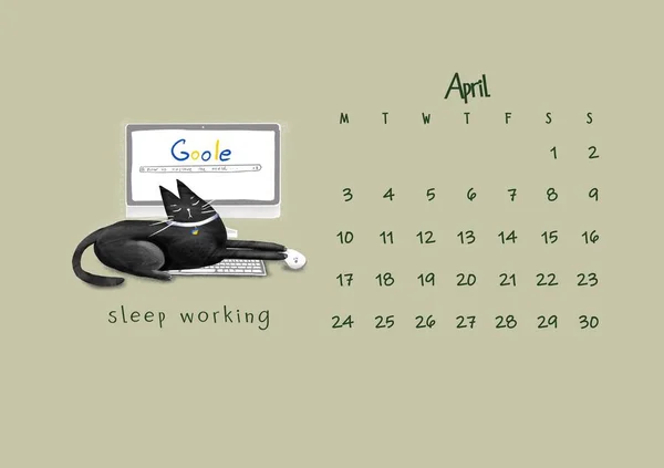 Cartoon black sleeping cat on a laptop and the inscription \