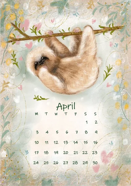 Beautiful cute fluffy sloth on a soft background with small hearts and plants. Calendar 2023 April