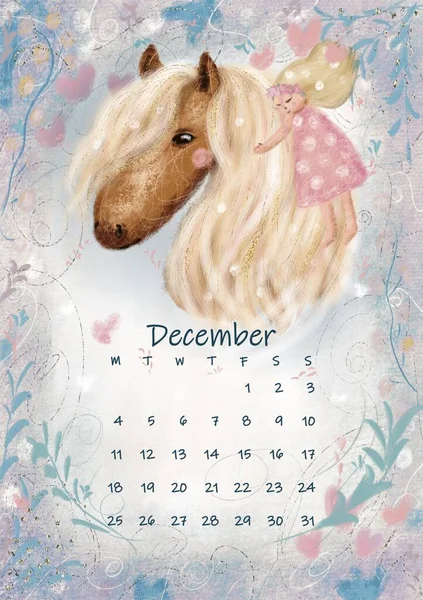 Beautiful cute horse with little girl on a soft background with small hearts and plants. Calendar 2023 December