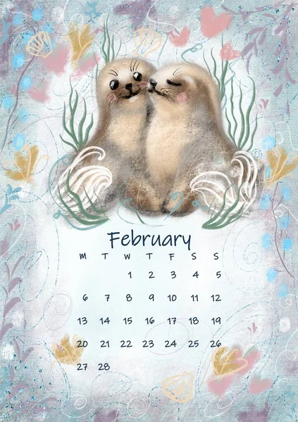 Beautiful Cute Seals Soft Background Small Hearts Plants Calendar 2023 — Stock Fotó