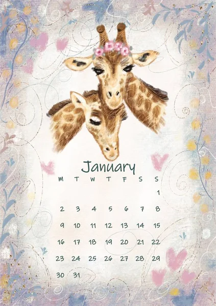 Beautiful Cute Spotted Giraffes Soft Background Small Hearts Plants Calendar — Stock Photo, Image