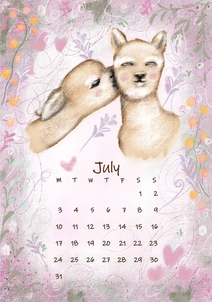 Beautiful Cute Fluffy Alpacas Soft Background Small Hearts Plants Calendar — Zdjęcie stockowe