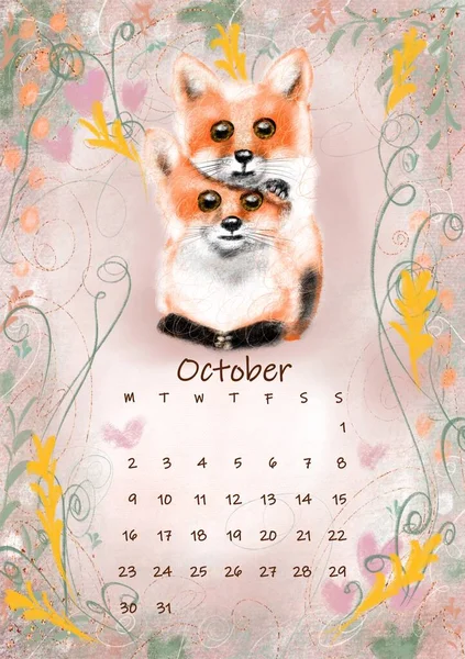 Beautiful Cute Fluffy Foxs Soft Background Small Hearts Plants Calendar — Stockfoto