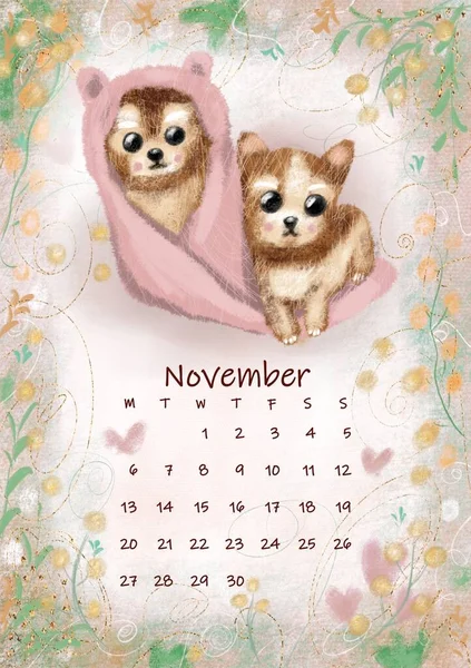 Beautiful Cute Fluffy Puppies Soft Background Small Hearts Plants Calendar — 스톡 사진