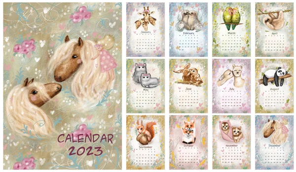 Cute animal calendar 2023. Forest wildlife and domestic animals posters. Monthly illustration.