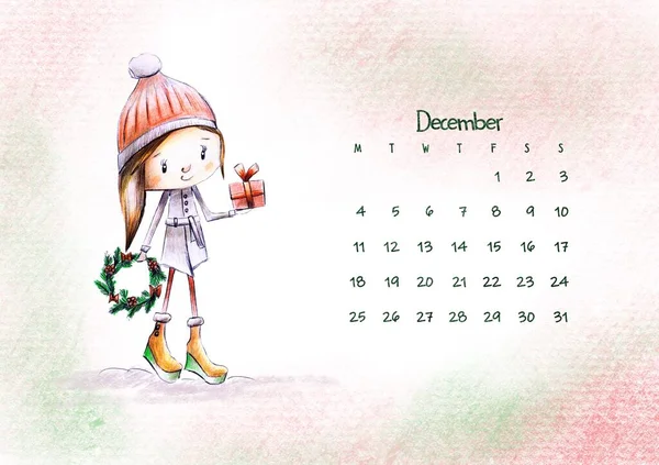 Cute Little Girl Pencil Hand Draw Illustration Calendar 2023 — Stockfoto