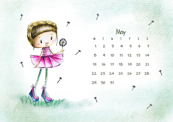 Cute Little Girl Pencil Hand Draw Illustration Calendar 2023 — Stockfoto