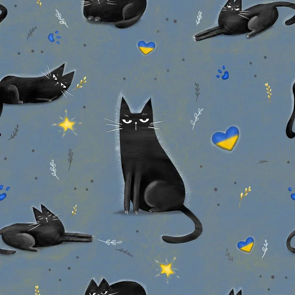 Seamless Pattern Funny Black Cats Drawn Elements Doodle Style Digital — Photo
