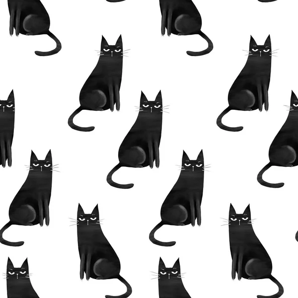 Seamless Pattern Funny Black Cats Drawn Elements Doodle Style Digital — Stok fotoğraf