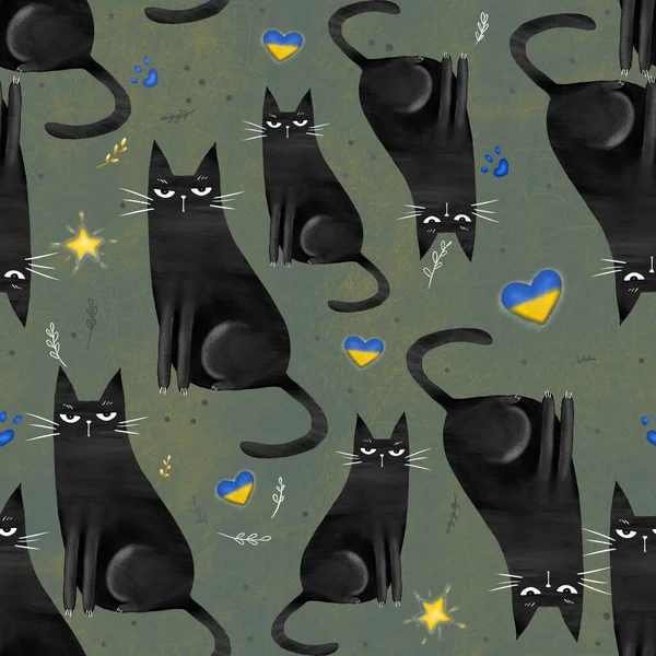 Seamless Pattern Funny Black Cats Drawn Elements Doodle Style Digital — Zdjęcie stockowe
