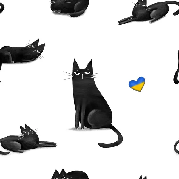 Seamless pattern with funny black cats, drawn elements in doodle style. Digital hand draw illustration.