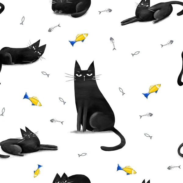 Nahtloses Muster Mit Lustigen Schwarzen Katzen Gezeichnete Elemente Doodle Stil — Stockfoto