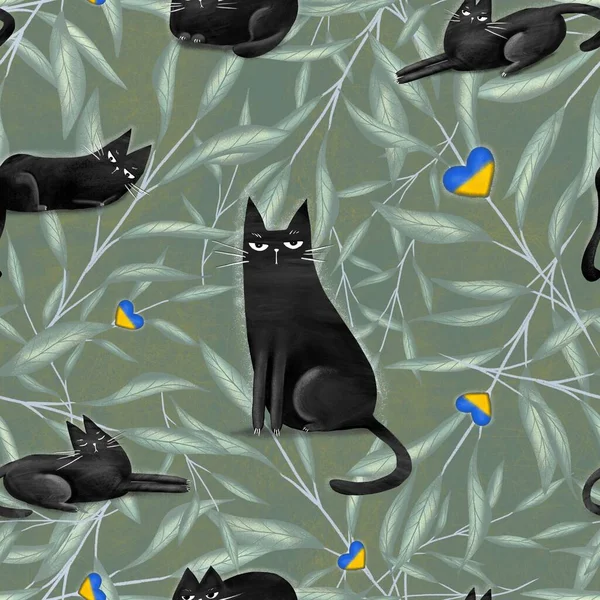 Seamless pattern with funny black cats, drawn elements in doodle style. Digital hand draw illustration.