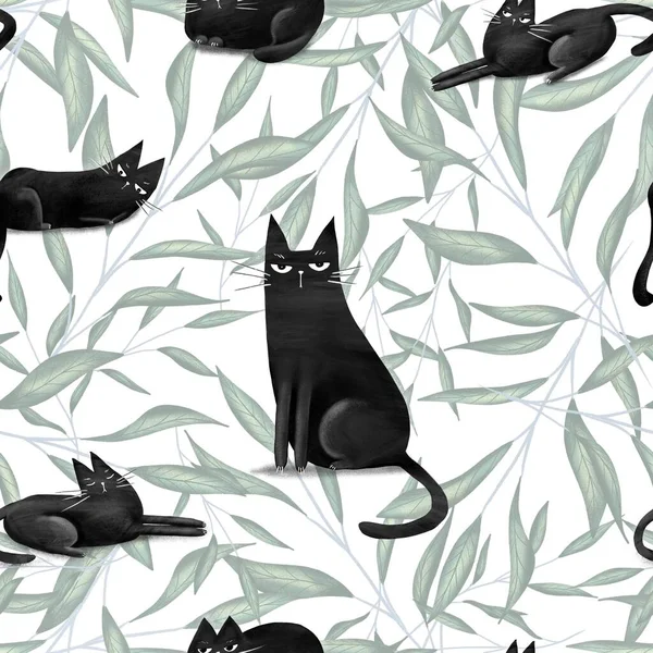 Seamless pattern with funny black cats, drawn elements in doodle style. Digital hand draw illustration.