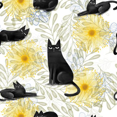 Seamless pattern with funny black cats, drawn elements plant style. Digital hand draw illustration. Design element for wallpaper and print on fabric or paper