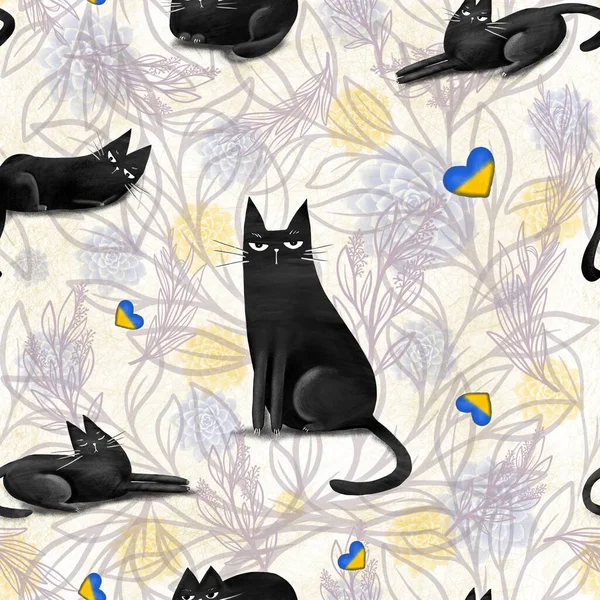 Seamless pattern with funny black cats, drawn elements plant style. Digital hand draw illustration. Design element for wallpaper and print on fabric or paper