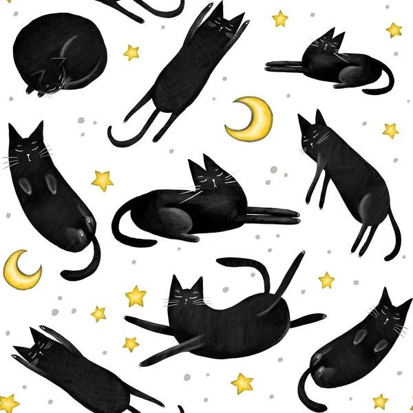 Seamless pattern with funny black cats, drawn elements plant style. Digital hand draw illustration. Design element for wallpaper and print on fabric or paper