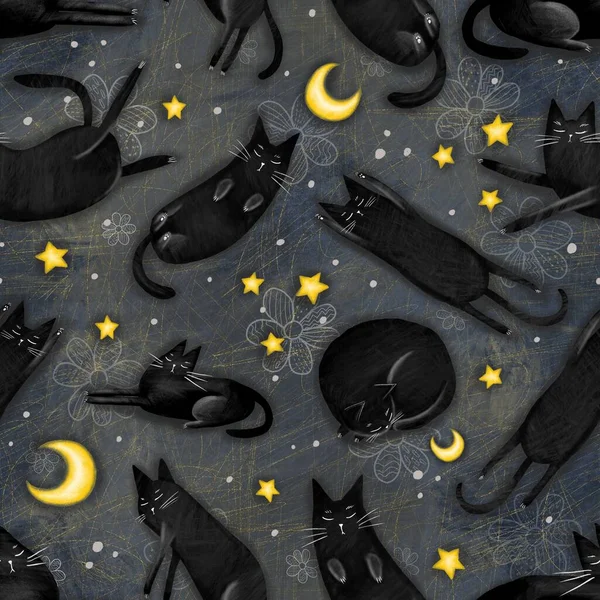 Seamless pattern with funny black cats, drawn elements plant style. Digital hand draw illustration. Design element for wallpaper and print on fabric or paper