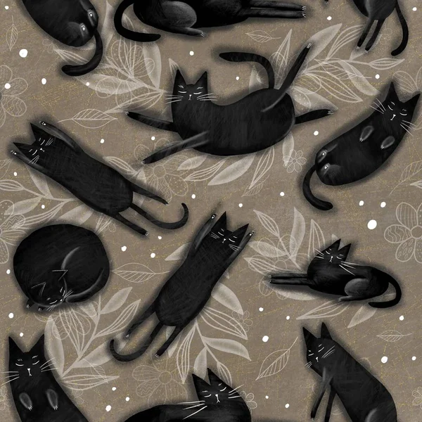 Seamless pattern with funny black cats, drawn elements plant style. Digital hand draw illustration. Design element for wallpaper and print on fabric or paper