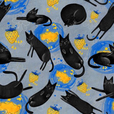 Funny black cats, drawn elements in doodle style. Design element for wallpaper and print on fabric or paper. Ukrainian theme