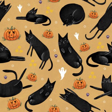 Tatlı siyah kedi ve ürkütücü balkabağıyla kusursuz Cadılar Bayramı şablonunuz kutlu olsun. Hayvan bayramı çizgi film karakteri. Dijital el çizimi illüstrasyon