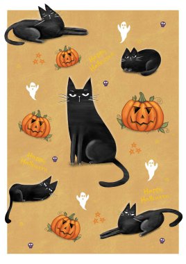 Tatlı siyah kedi ve ürkütücü balkabağıyla Cadılar Bayramı tebrik kartın kutlu olsun. Hayvan bayramı çizgi film karakteri. Dijital el çizimi illüstrasyon