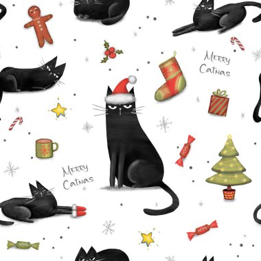 Noel Baba şapkalı kara kedili mutlu noeller. Komik Noel kara kedisi. Noel konsepti çizimi