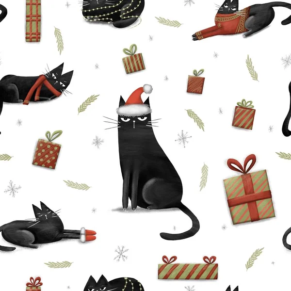Frohe Weihnachten Nahtlose Muster Mit Einer Schwarzen Katze Mit Weihnachtsmütze — Stockfoto