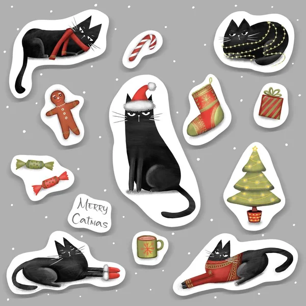 Merry Christmas stickers with a Black cats with Santa hat. Funny Christmas black cat. Christmas concept illustration