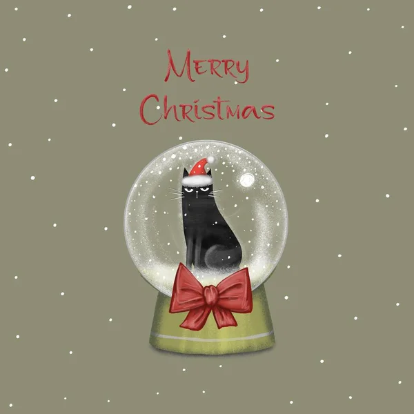 Buon Natale Biglietto Auguri Banner Con Gatto Nero Con Cappello — Foto Stock
