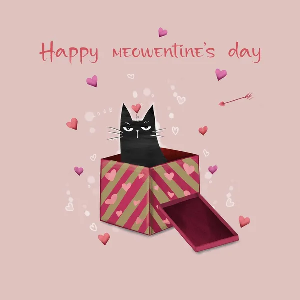 Szczęśliwych Walentynek Słodki Kot Czerwone Serca Romantyczne Walentynki Kartka Życzeniami — Zdjęcie stockowe