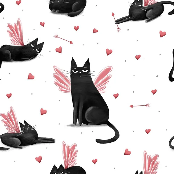 Glückliche Valentines Katze Nahtlose Muster Niedliche Katze Und Rote Herzen — Stockfoto